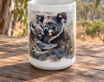 May include: A white ceramic mug featuring a detailed watercolour-style illustration of an adult koala embracing a smaller koala joey. The artwork displays soft grey and brown fur tones with subtle yellow foliage accents against a white background.