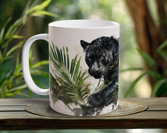 Black Panther Mug Hand Painted Wildlife Coffee Cup Jungle Watercolor Art Unique Panther Gift for Wildlife Lover Animal Present