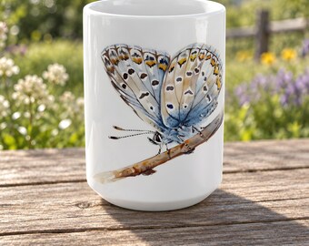 Blue Butterfly Tea Mug, Pale Watercolor Wings on Glossy White Ceramic