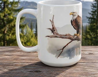 Bald Eagle Coffee Mug, Ceramic Portrait Above Forested Cliffs