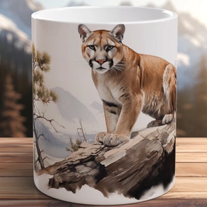 Cougar Mug Hand Painted Wildlife Art Coffee Cup Mountain Lion Nature Gift Forest Animal Mug National Park Decor Watercolor Cougar Lover Gift
