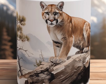Cougar Mug Hand Painted Wildlife Art Coffee Cup Mountain Lion Nature Gift Forest Animal Mug National Park Decor Watercolor Cougar Lover Gift