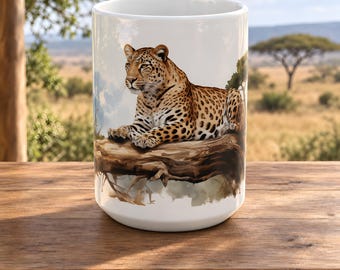 Leopard Coffee Mug, Resting Big Cat on a Branch in Glossy Ceramic