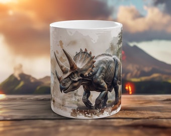 Triceratops Mug Dinosaur Art Coffee Cup Dino Lover Gift Handmade Prehistoric Creature Mug Jurassic Park Art Unique Trike Present