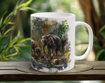 Asian Elephants Majesty Coffee Mug Handmade Ceramic Mug Ideal for Elephant Enthusiasts Wildlife Love Mug Gift Elephant Preservation Cup
