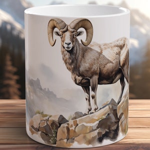 Hand Painted Stone Sheep Mug Wildlife Art Ceramic Coffee Cup Wild Stone Sheep Watercolor Gift for Photographer Dad Unique Animal Mug