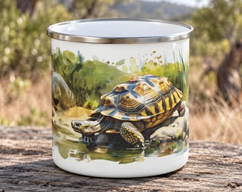 Tortoise Enamel Mug for Camping, A Reptile Beside a Green Pond