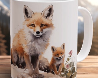 フォックスマグ 手描き 野生動物アート キャンプ コーヒーカップ フォックス愛好家へのギフト 自然アドベンチャーマグ アウトドア セラミックマグ キャンパーへの誕生日プレゼント