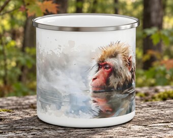 Japanese Macaque Enamel Mug for Camping, Calm Water Reflection Portrait