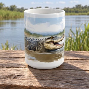 May include: A white ceramic mug featuring a detailed, full-colour illustration of an alligator with its mouth open, showing sharp teeth. The alligator is depicted in a swampy water environment with a blue sky and clouds in the background.