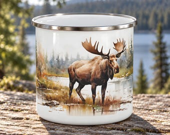 Bull Moose Enamel Mug for Camping – Golden Shoreline and Evergreen Trees