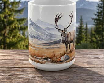 Deer Coffee Mug in Ceramic, Sweeping Antlers and a Golden Alpine Meadow