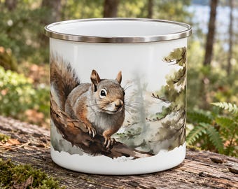Woodland Enamel Camping Mug, Gray Squirrel Perched Among Soft Green Trees