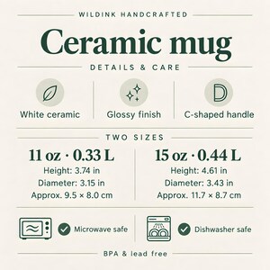 Puede incluir: Un gr&aacute;fico informativo para una taza de cer&aacute;mica Wildink Handcrafted. Las caracter&iacute;sticas incluyen cer&aacute;mica blanca, acabado brillante y asa en forma de C. Disponible en tama&ntilde;os de 0,33 L y 0,44 L con medidas precisas. Apta para microondas y lavavajillas.