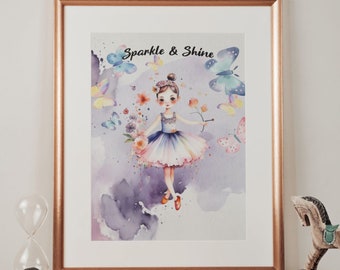 Cute ballerina dancing with butterflies, wall art, little girls room