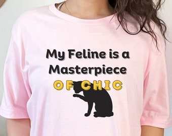 Masterpiece of Feline Chic Tee, Cat Lover’s Crewneck T-shirt, Unisex Soft Cotton Tshirt Gift, Cat Mom T Shirt for Gifting, Mother’s Day Top