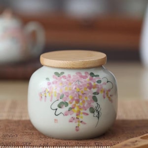 Wisteria Bloom Ceramic Tea Jar with Lid – Floral Storage Container for Loose Leaf Tea, Herbs, or Spices – Japanese-Inspired Tea Canister