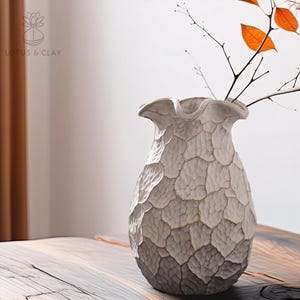 White Textured Wabi-Sabi Ceramic Vase with Organic Curved Rim – Handmade Pottery Flower Vase for Minimalist Home Decor