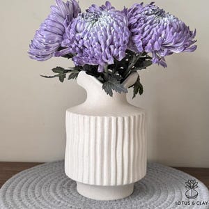 Textured Ceramic Vase | Matte White Ribbed Flower Vase – Minimalist Japandi Home Decor – Modern Rustic Pottery for Table or Shelf Styling