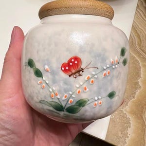 Hand-Painted Ceramic Tea Jar with Lid – Butterfly and Blossom Design – Floral Storage Canister for Tea, Herbs, Spices or Sugar