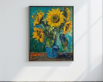 Flor de girasol moderna en pintura al óleo de jarrón, girasoles arte floral contemporáneo de la pared, decoración botánica, ramo de flores / pintura digital