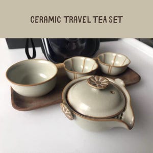 Beige Keramik Gongfu Teegeschirr mit Teekanne, Tassen, Reise Etui | Kompaktes Teeset im chinesischen Stil als Geschenk oder für den persönlichen Gebrauch