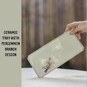 Ceramiczna taca na herbatę z motywem gałązki kaki – azjatycki talerz do serwowania herbaty Gongfu – prostokątna taca do eksponowania naczyń do herbaty i rustykalnego wystroju