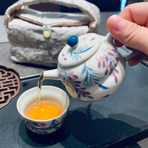 Hand-Painted Ceramic Teapot Set – Asian Teapot Two Cups – Blue & Plum Floral Design – Asian Tea Ceremony Gift Set
