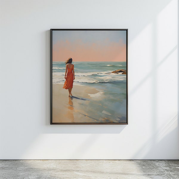 Ruhige Landschaft Strand, Frau, oranges Kleid, Spaziergang am Strand Wandgemälde Dekor | Ästhetische tropische Landschaftsmalerei