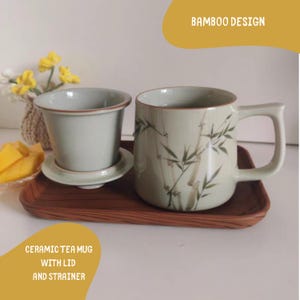 Taza de cerámica con tapa y colador – Diseño de bambú – Taza de oficina china – 350 ml (11,8 fl oz) Taza de porcelana para té de hojas sueltas