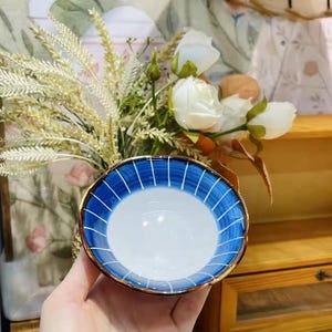 Japanese Ceramic Dessert & Sauce Bowls –  Unique Small Bowls for Appetizer  – Blue Spiral, Wave Brushstroke Indigo Stripe