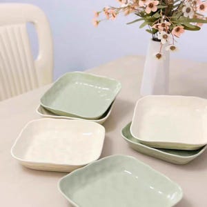 Minimalist Square Ceramic Plates – 8 Inch Dinnerware in Cream, Green – Modern Wabi-Sabi Style for Appetizers, Salads & Daily Use