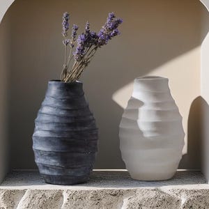 Ripple Texture Ceramic Vase | Modern Rustic Vase in Black or White – Handmade Wabi-Sabi Style Vase for Minimalist or Japandi Decor