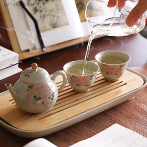 Hand-Painted Wisteria Ceramic Tea Set with Teapot and Cups – Chinese Kung Fu Tea Ceremony Set for Meditation, Gifting, or Travel
