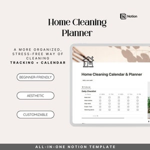 May include: A screenshot of a Notion template for a home cleaning calendar and planner. The template includes a daily checklist with tasks like making the bed, washing dishes, and watering plants. The template is customizable and beginner-friendly.