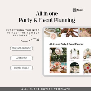 Op de afbeelding: Een screenshot van een Notion-sjabloon voor het plannen van feestjes en evenementen. Het sjabloon is onderverdeeld in secties voor gasten, decoratie, leveranciers en eten en drinken. Het sjabloon is gebruiksvriendelijk voor beginners, esthetisch en aanpasbaar.