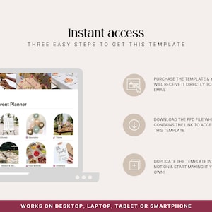 Step-by-step instructions to access your Notion party planner template instantly after purchase. Duplicate to your free Notion account in minutes — no technical experience needed. Works on iPhone, Android, Mac and PC.