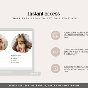 How to access the Notion Puppy Planner after purchase — receive the PDF by email, download the file with the Notion link, and duplicate to your free Notion workspace. Homepage showing Daily Care and Routines and Games sections. Works on desktop, laptop, tablet and smartphone.