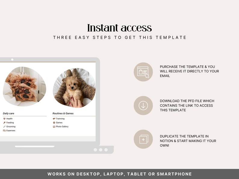 How to access the Notion Puppy Planner after purchase — receive the PDF by email, download the file with the Notion link, and duplicate to your free Notion workspace. Homepage showing Daily Care and Routines and Games sections. Works on desktop, laptop, tablet and smartphone.