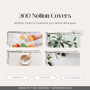 Pode incluir: Uma coleção de 300 capas estéticas para Notion, com imagens de frutas, plantas, materiais de escritório e joias. As capas são personalizáveis e podem ser usadas para criar um espaço de trabalho personalizado.