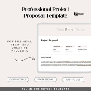 Könnte beinhalten: Ein weißer Bildschirm-Mockup einer Notion-Projekt-Vorschlagsvorlage mit dem Text "Professionelle Projekt-Vorschlagsvorlage" oben. Die Vorlage ist für Unternehmen, Technologie und kreative Projekte konzipiert. Die Vorlage ist anpassbar, professionell und einfach zu bedienen. Die Vorlage ist eine All-in-One-Notion-Vorlage.