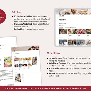 ctivities section with 30 festive indoor and outdoor ideas, Christmas watchlist and baking list inside the Notion Christmas Planner. Menu Planner with recipe storage, daily holiday menu planning, grocery list generator and dietary accommodation tracking for vegetarian and gluten-free guests.