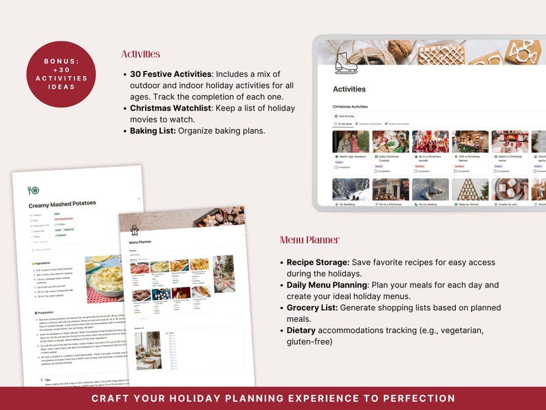 ctivities section with 30 festive indoor and outdoor ideas, Christmas watchlist and baking list inside the Notion Christmas Planner. Menu Planner with recipe storage, daily holiday menu planning, grocery list generator and dietary accommodation tracking for vegetarian and gluten-free guests.
