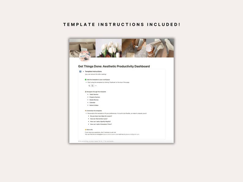 Built-in template instructions inside the Notion productivity planner — how to add the template to your workspace, navigate tasks, projects, calendar and notes sections, customize covers and icons, and add a Spotify playlist and Pomodoro timer. Setup guide included directly in Notion.