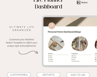 Beige Notion Life-dashboard | Productiviteitsplanner, zelfzorg- en doelentrackersjabloon