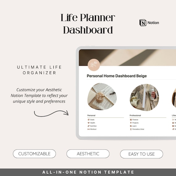 Beige Notion Life Dashboard – Productivity, Self-Care & Goal Planner