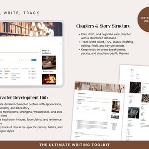 Chapter and plot organizer inside the Notion writing template — plan story structure, track writing progress and manage chapter outlines. Includes a character development hub for building detailed profiles, arcs and character relationships.