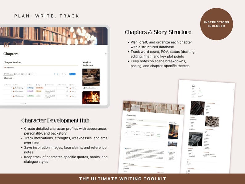 Chapter and plot organizer inside the Notion writing template — plan story structure, track writing progress and manage chapter outlines. Includes a character development hub for building detailed profiles, arcs and character relationships.