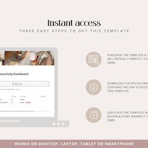 How to access the Notion Productivity Planner after purchase — receive the PDF by email, download the file with the Notion link, and duplicate the template to your free workspace. Inbox with task table visible on laptop mockup. Works on desktop, laptop, tablet and smartphone.