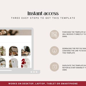 How to access the Notion Christmas Planner after purchase — receive the PDF by email, download the file with the Notion link, and duplicate the template to your free Notion workspace. Dashboard visible on laptop mockup showing all 12 sections. Works on desktop, laptop, tablet and smartphone.